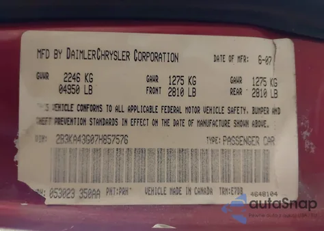 2007 Dodge Charger from USA, damaged, VIN 2B3KA43G07H857576